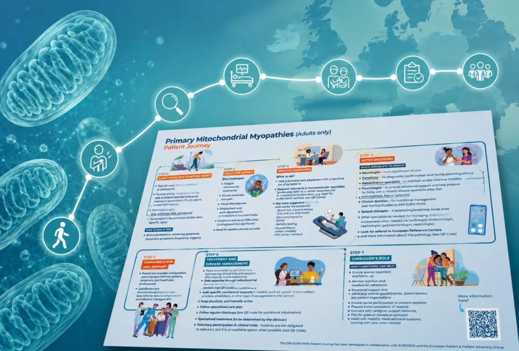 Illustrazione del Patient Journey europeo per le miopatie mitocondriali primarie con il documento ufficiale, una mappa dell'Europa e mitocondri stilizzati, simbolo del percorso di cura e della collaborazione internazionale nella ricerca sulle malattie mitocondriali.